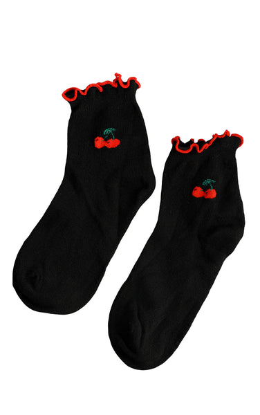 Ruffle Cherry Sock in Black