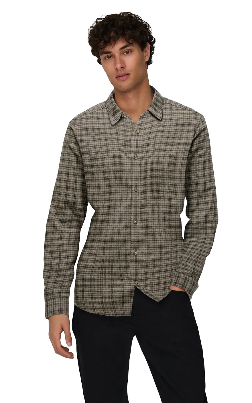Gudmund Long Sleeve Check Shirt in Walnut with Jet Black