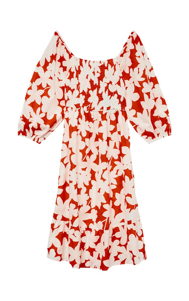 Dicthe 3/4 Calf Dress in Fiery Red with Loa Print