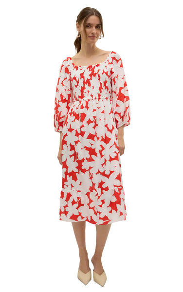 Dicthe 3/4 Calf Dress in Fiery Red with Loa Print