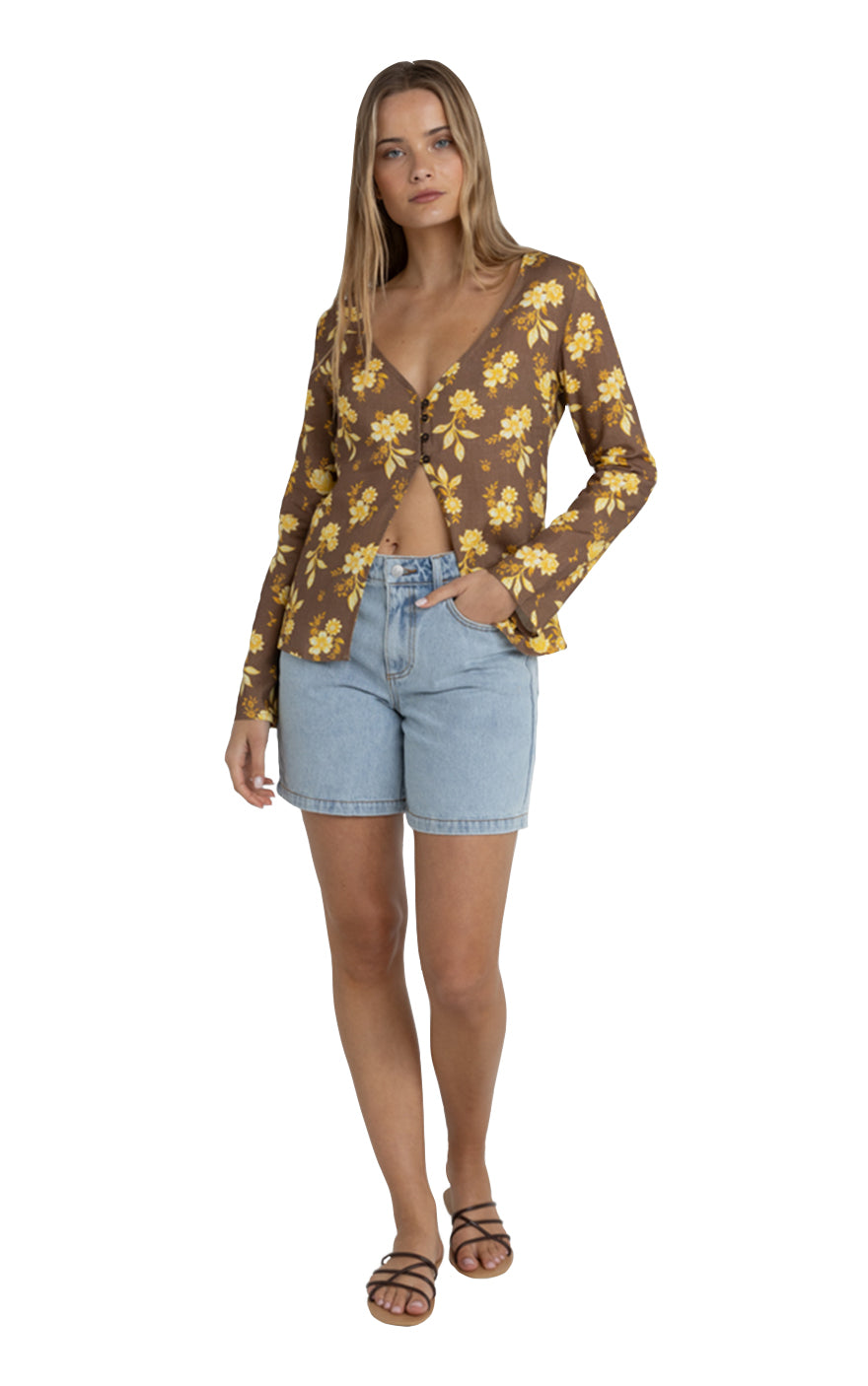 Anika Floral Long Sleeve Top in Chocolate