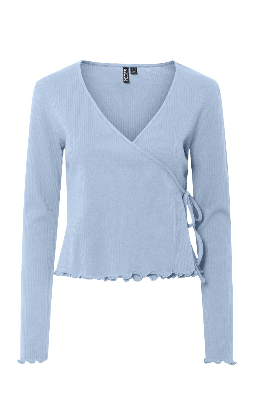 Kitte Wrap Long Sleeve V-Neck Top in Cashmere Blue