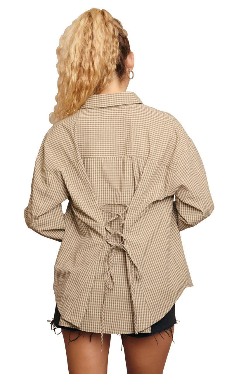 Kira Long Sleeve Lace Up Shirt in Beige Check