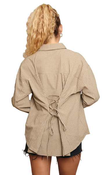Kira Long Sleeve Lace Up Shirt in Beige Check