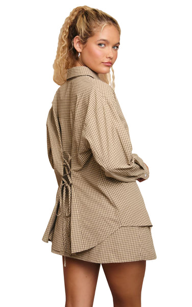 Kira Long Sleeve Lace Up Shirt in Beige Check