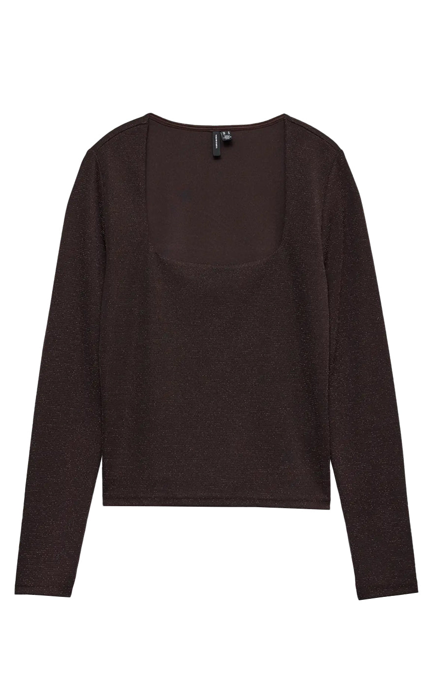 Kanva Long Sleeve Square Neck Top in Chocolate with Copper