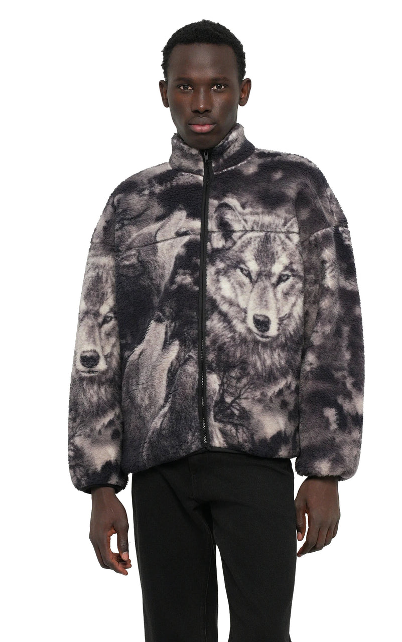 James Oversize Wolf AOP Pile Fleece in Black