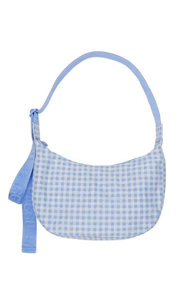 Medium Nylon Crescent Bag in Light Blue Gingham