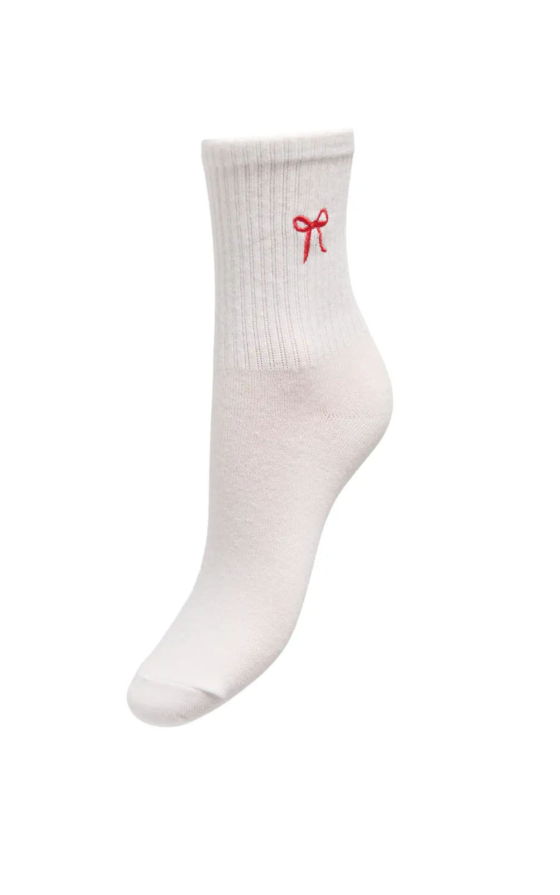 Sophia Tennis Sock in Cloud Dancer with Red Bow