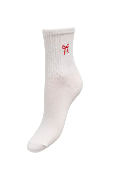 Sophia Tennis Sock in Cloud Dancer with Red Bow