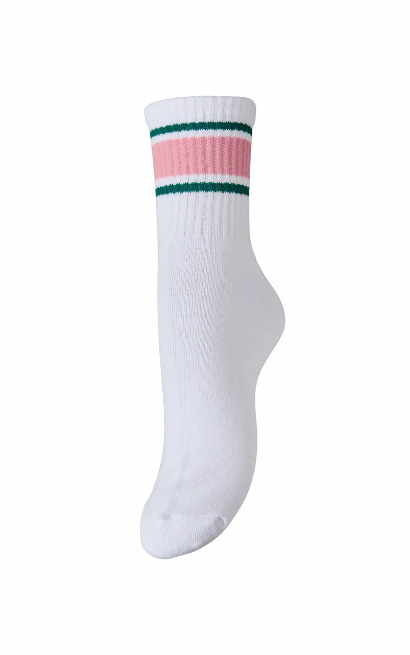 Sabine Sock in Bright White with Wide Sea Pink & Shaded Spruce