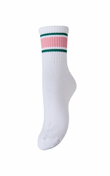 Sabine Sock in Bright White with Wide Sea Pink & Shaded Spruce
