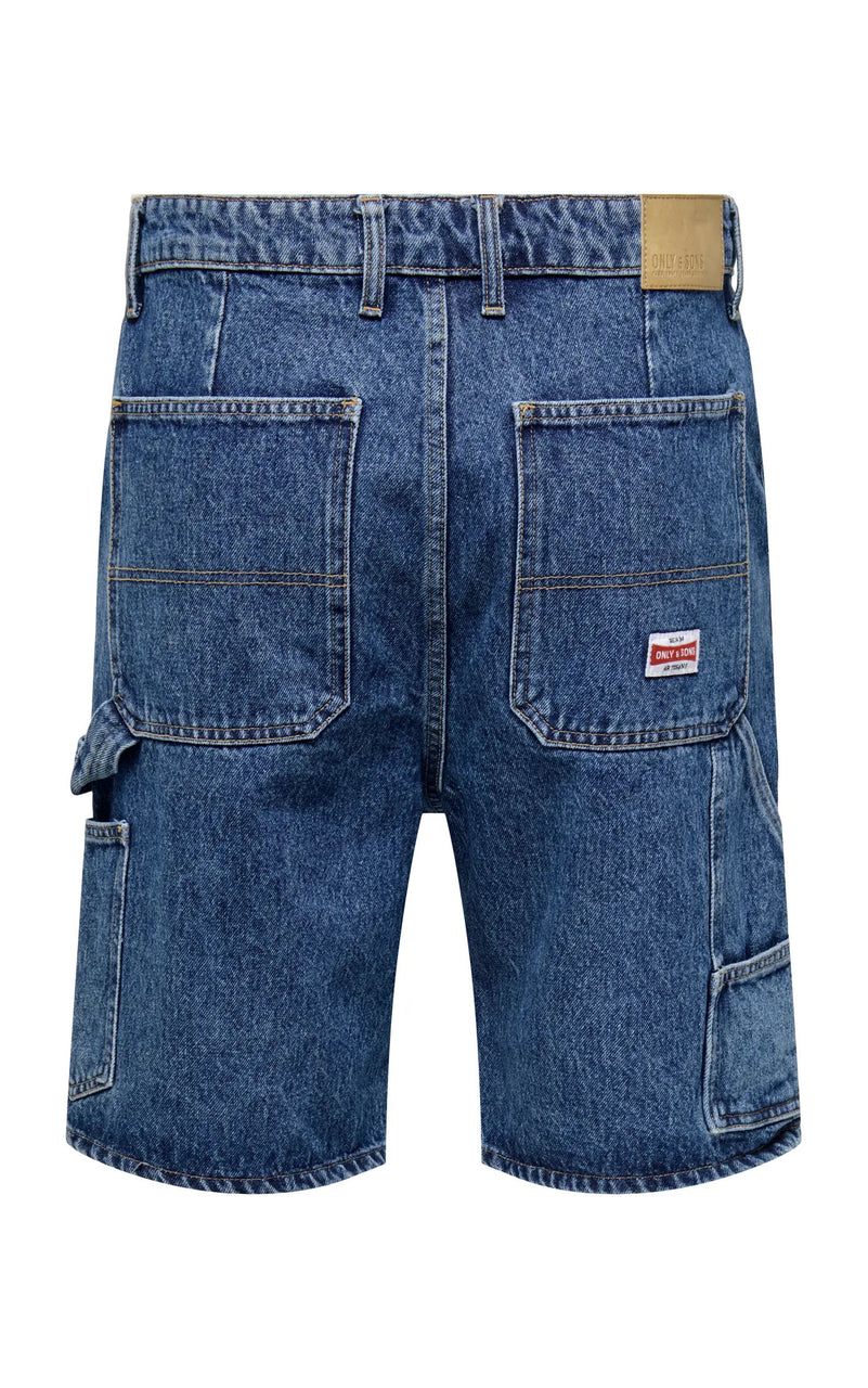Edge Straight Carpenter Denim Shorts in Medium Blue Denim