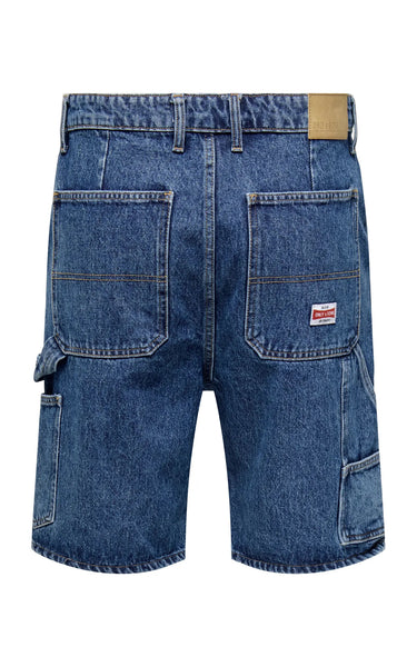 Edge Straight Carpenter Denim Shorts in Medium Blue Denim