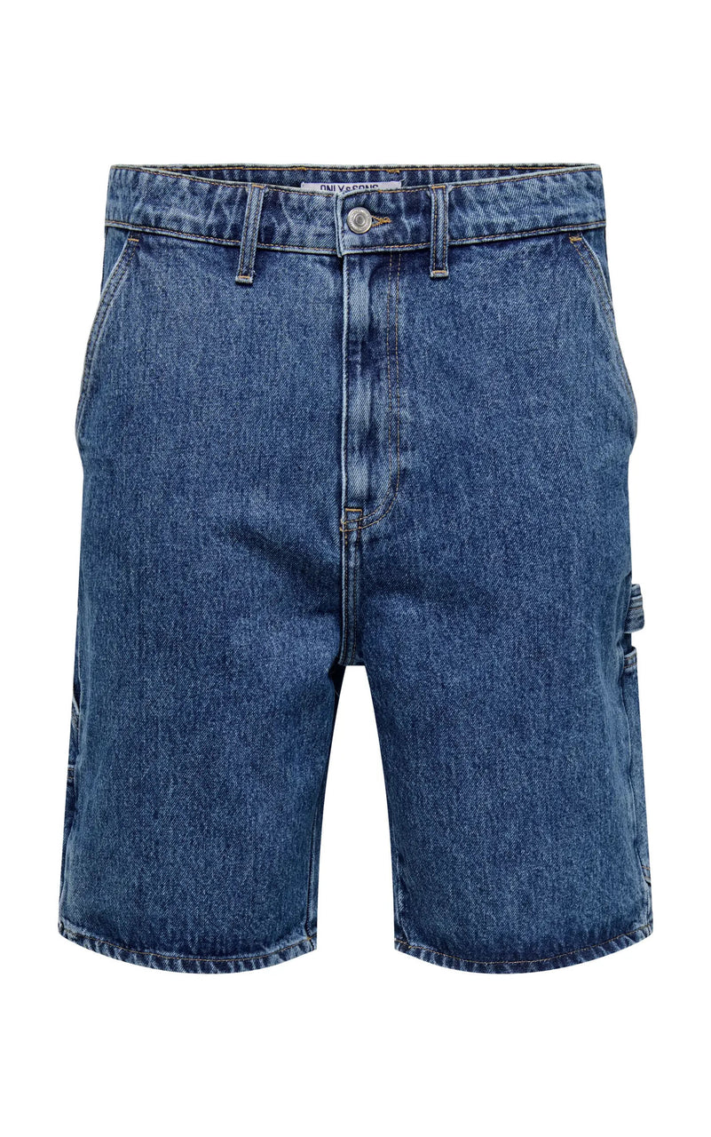 Edge Straight Carpenter Denim Shorts in Medium Blue Denim