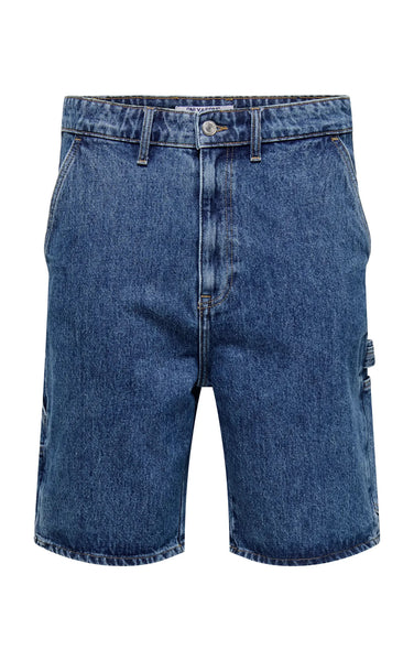 Edge Straight Carpenter Denim Shorts in Medium Blue Denim