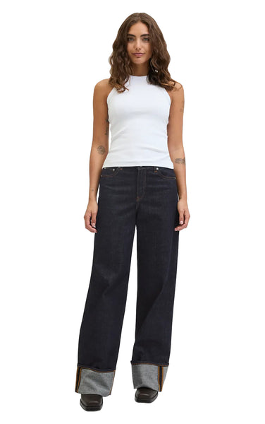 Tokyo Vega High Waist Fold Up Jeans in Dark Blue Denim