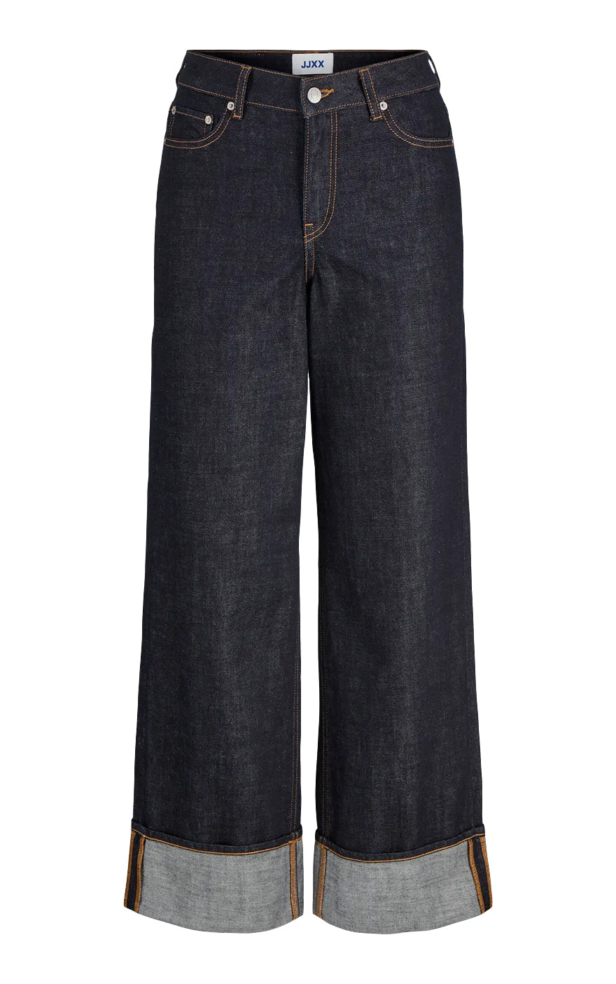 Tokyo Vega High Waist Fold Up Jeans in Dark Blue Denim
