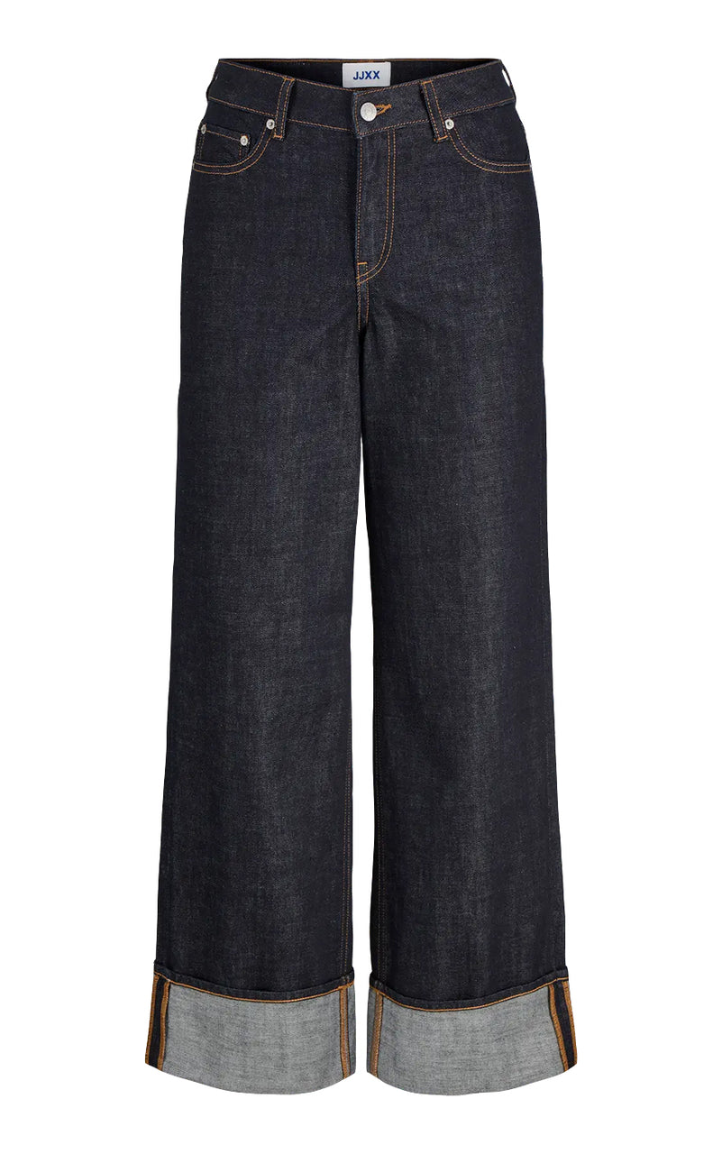 Tokyo Vega High Waist Fold Up Jeans in Dark Blue Denim