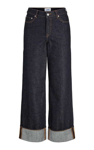 Tokyo Vega High Waist Fold Up Jeans in Dark Blue Denim