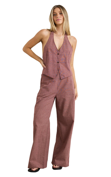 Lucy Check Wide Leg Pant in Rust