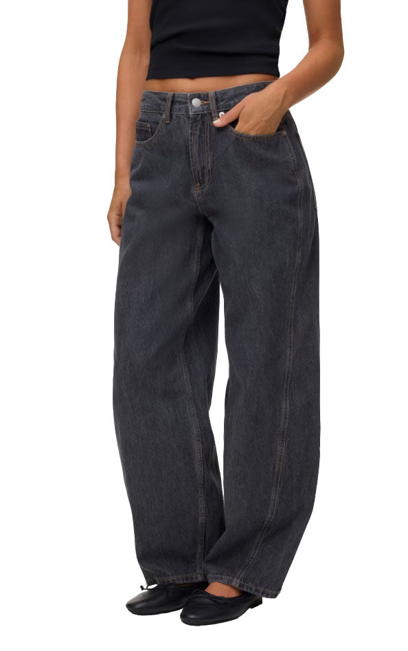 Zoe Mid Rise Barrel Jeans in Dark Grey Denim Rinse