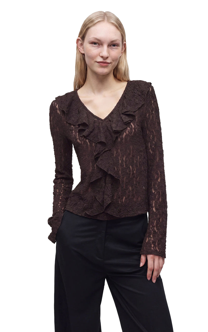 Flora Frill Long Sleeve Top in Chocolate Torte