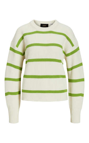 Mila Stripe Crewneck Cotton Sweater in Parrot Green/Snow White