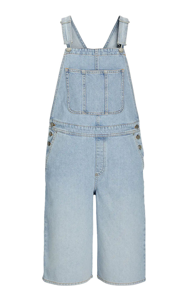 Jill Dungaree Long in Light Blue Distressed Denim