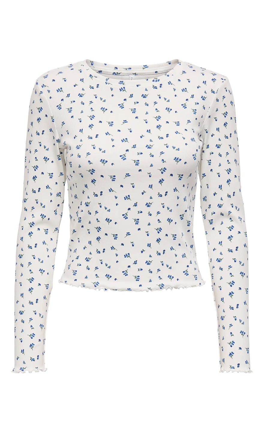 Fenja Long Sleeve Top in Cloud Dancer with Blue Flowers