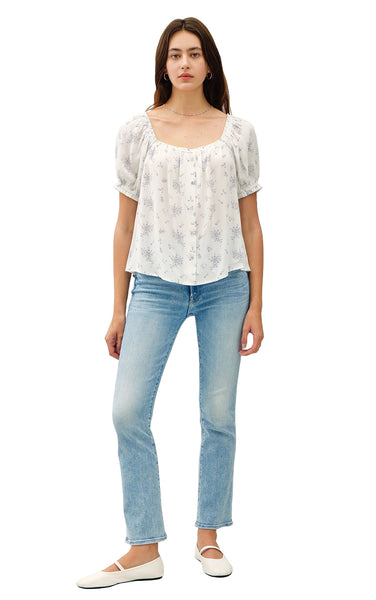 Mia Blouse in White with Denim Print