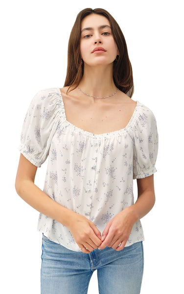 Mia Blouse in White with Denim Print