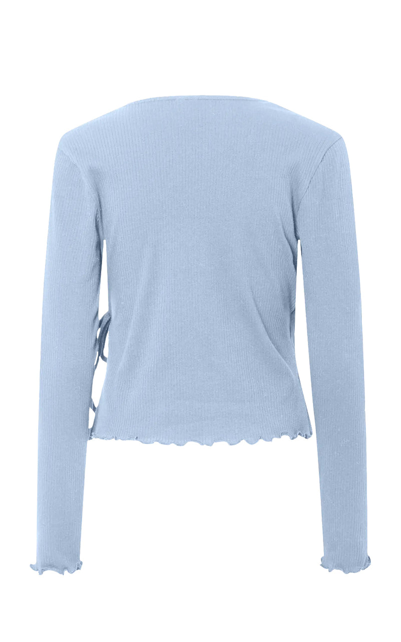 Kitte Wrap Long Sleeve V-Neck Top in Cashmere Blue