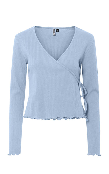 Kitte Wrap Long Sleeve V-Neck Top in Cashmere Blue