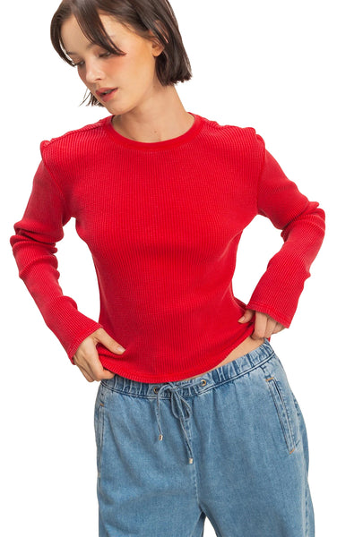 Emerson Waffle Long Sleeve Top in Red
