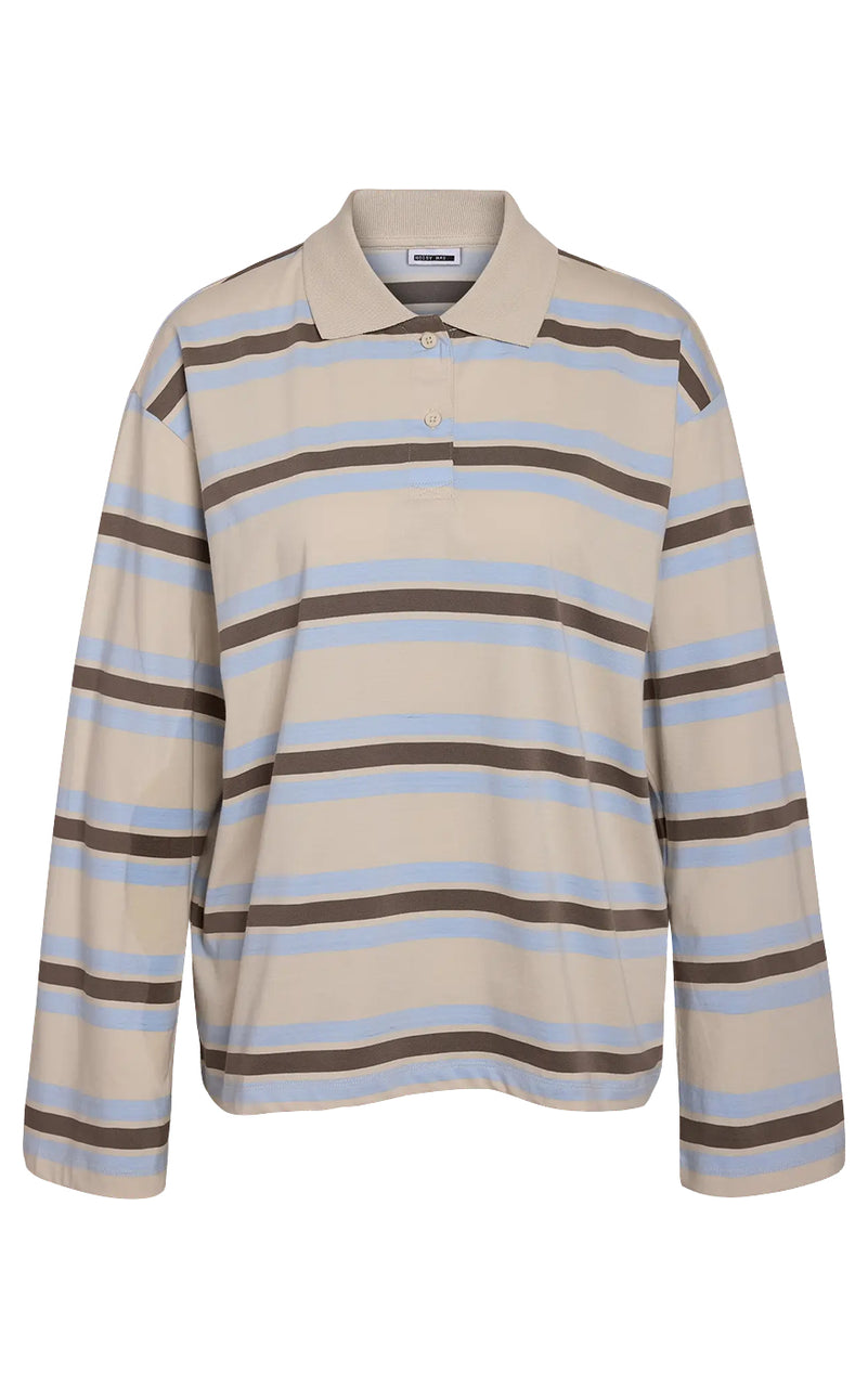 Aura Long Sleeve Stripe Polo in Cloud with Morel & Blue