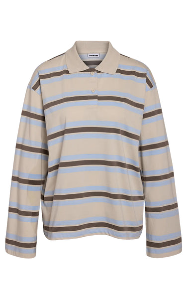 Aura Long Sleeve Stripe Polo in Cloud with Morel & Blue
