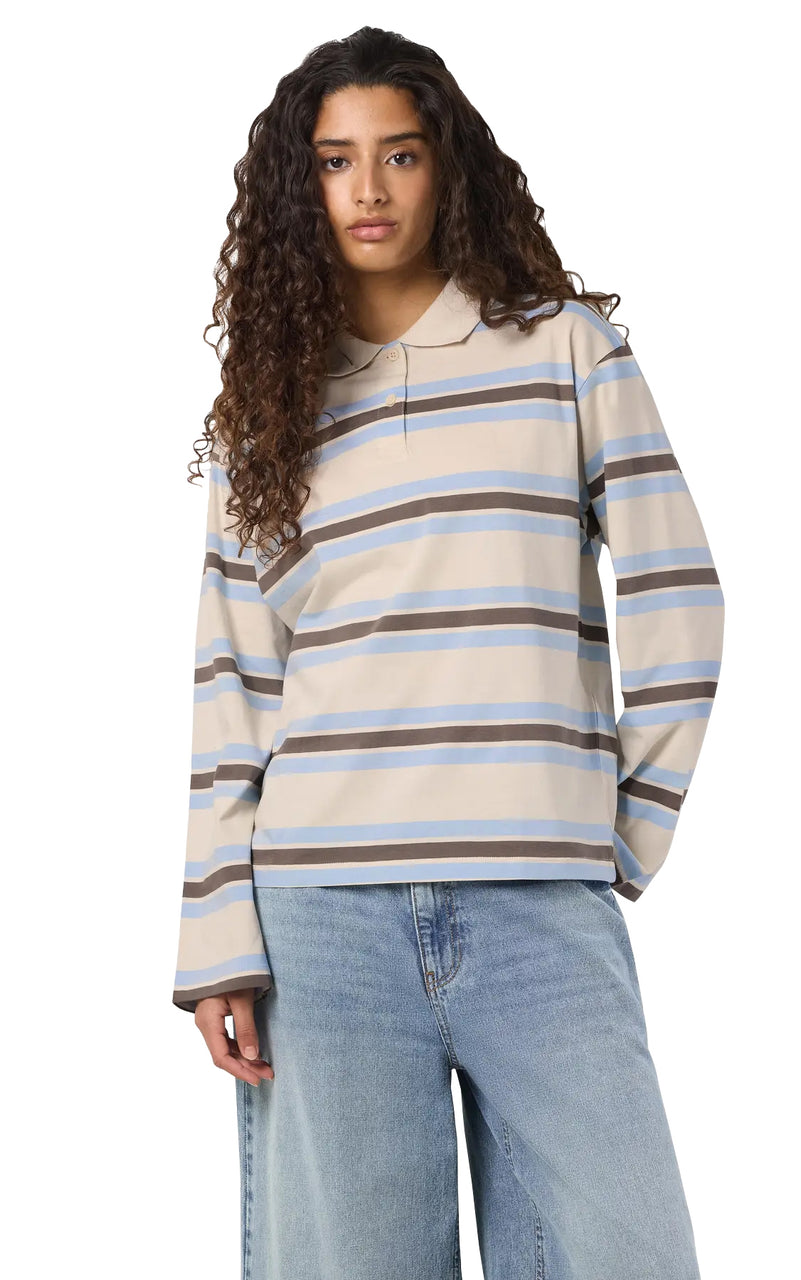Aura Long Sleeve Stripe Polo in Cloud with Morel & Blue