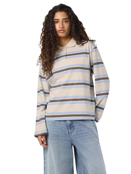 Aura Long Sleeve Stripe Polo in Cloud with Morel & Blue