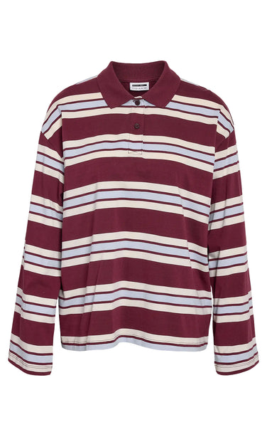 Aura Long Sleeve Stripe Polo in Wine with Blue & Birch