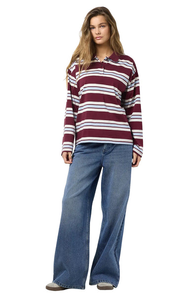 Aura Long Sleeve Stripe Polo in Wine with Blue & Birch