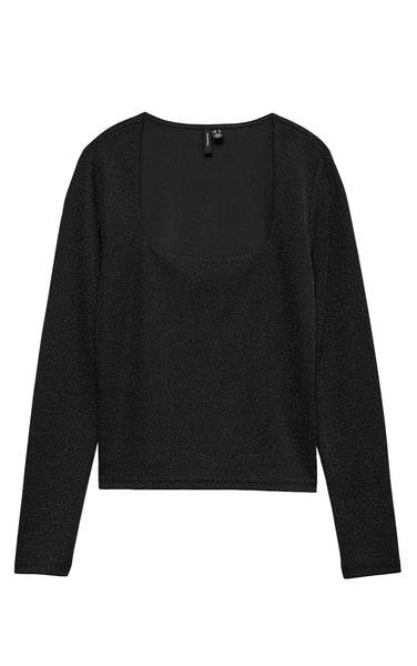 Kanva Long Sleeve Square Neck Top in Black with Silver