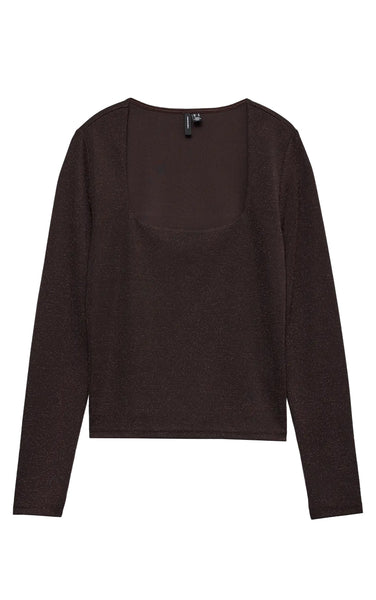 Kanva Long Sleeve Square Neck Top in Chocolate with Copper