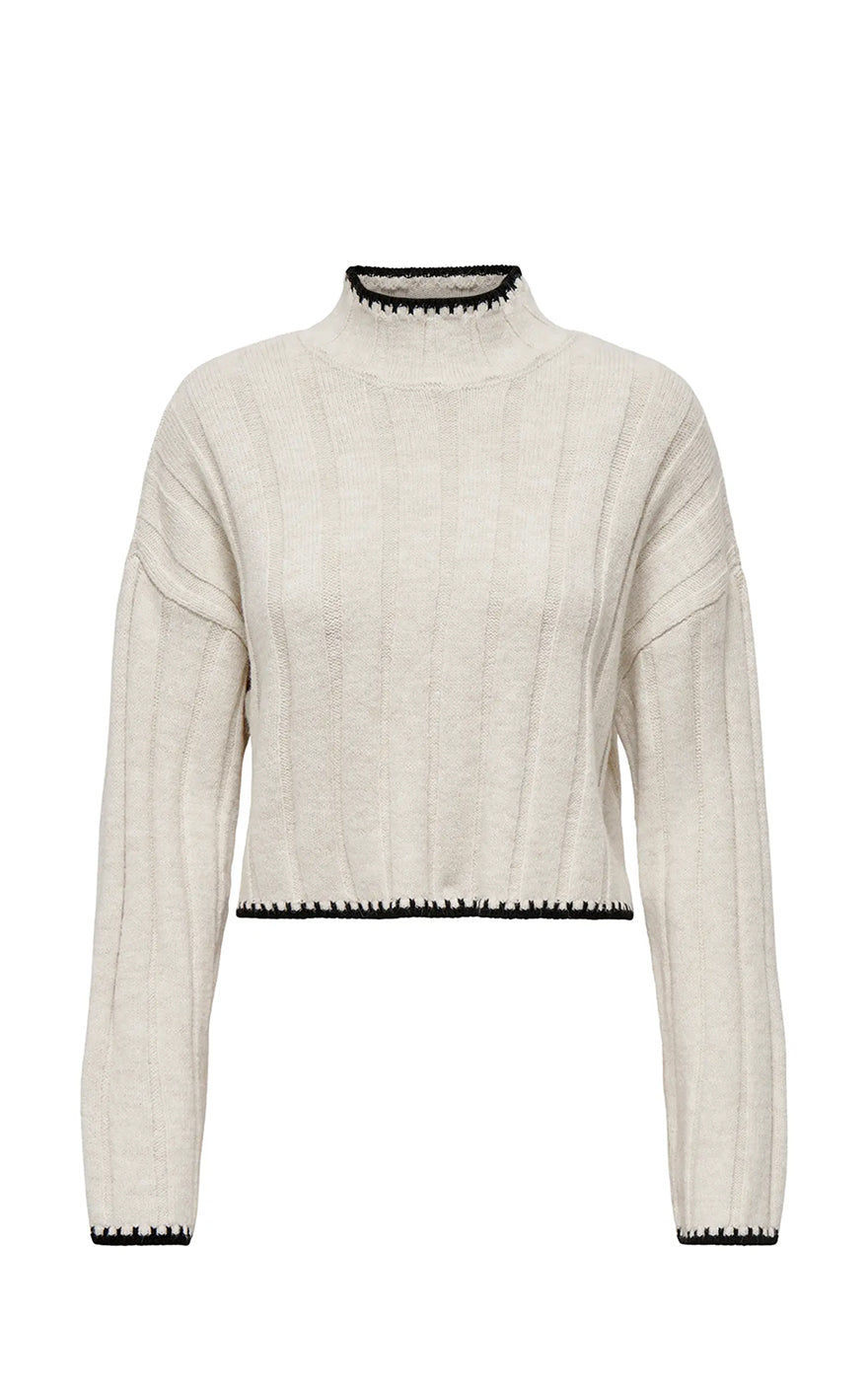 Chick Stitch High Neck Sweater in Pumice Stone with Black