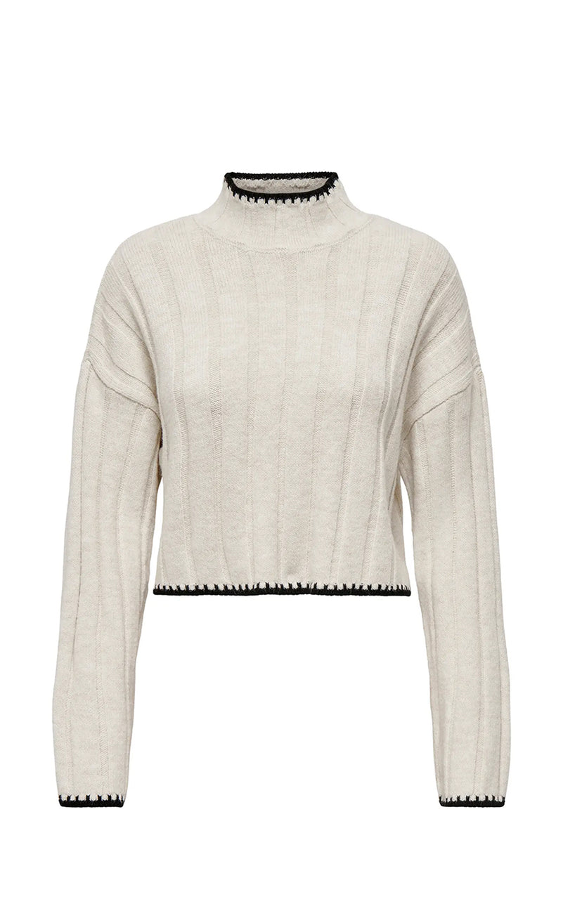 Chick Stitch High Neck Sweater in Pumice Stone with Black