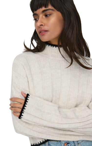 Chick Stitch High Neck Sweater in Pumice Stone with Black