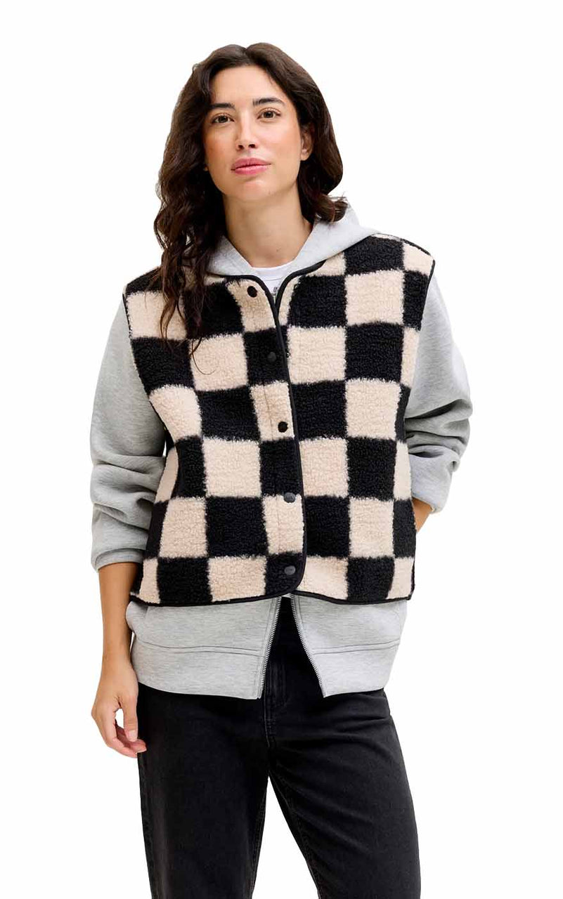 Vera Check Teddy Vest in Bone White Checks