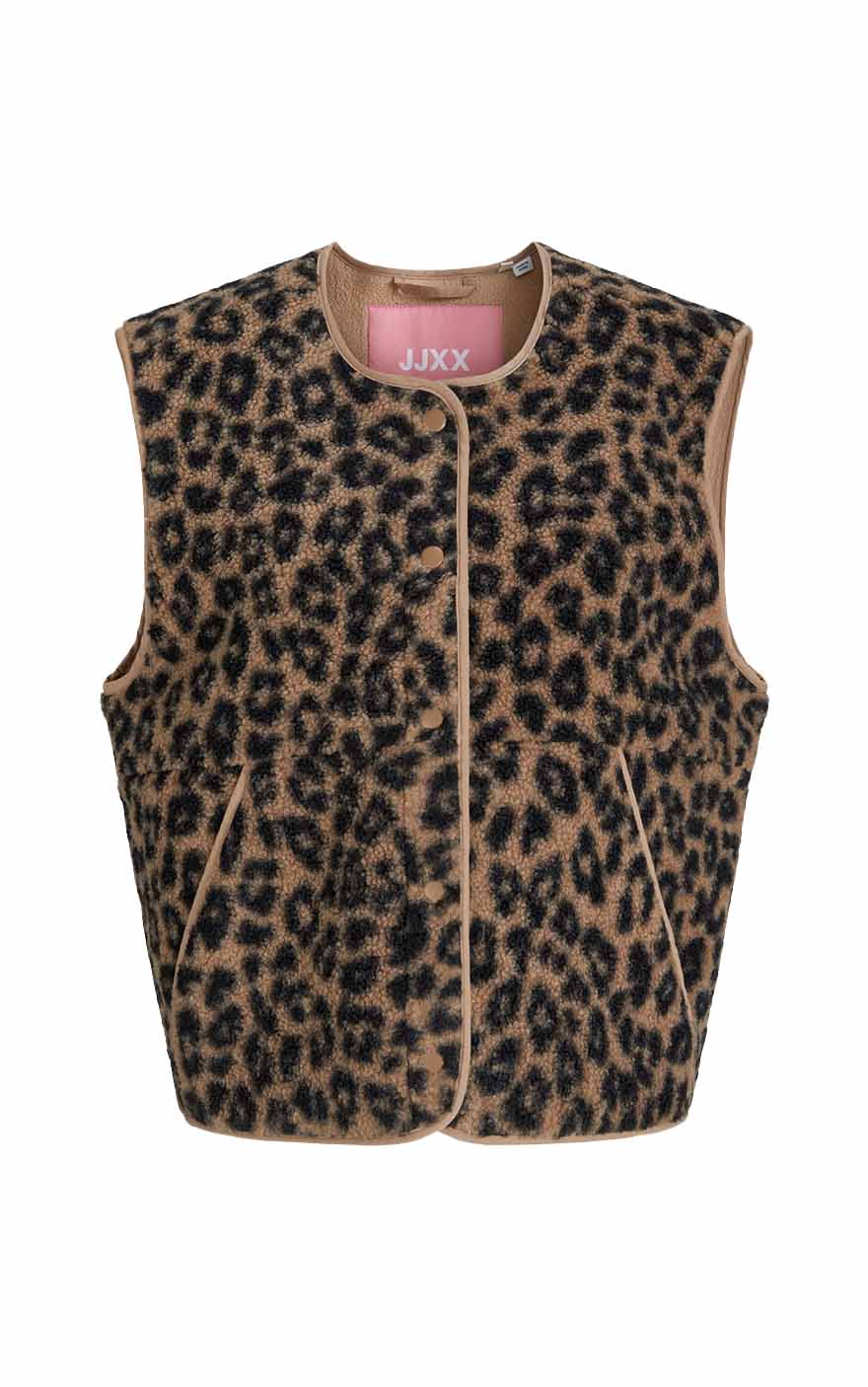 Vera Check Teddy Vest in Cornstalk with Leopard