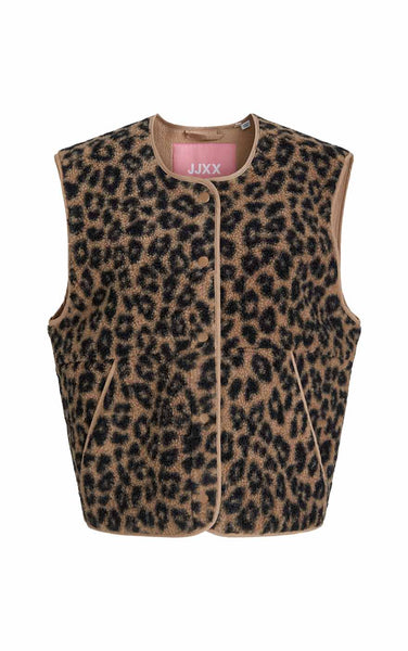 Vera Check Teddy Vest in Cornstalk with Leopard