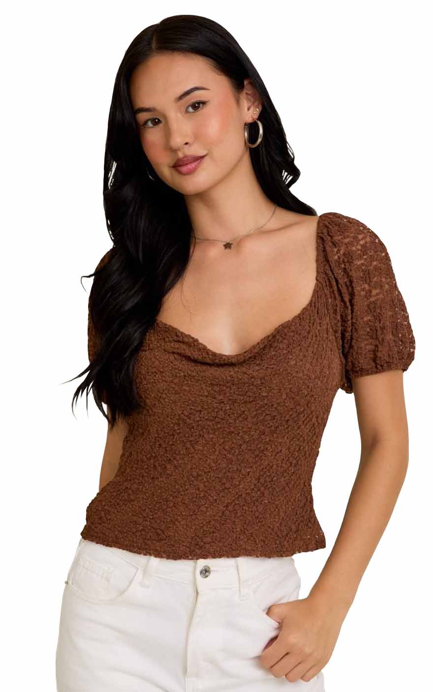 Sutton Lace Puff Top in Brown